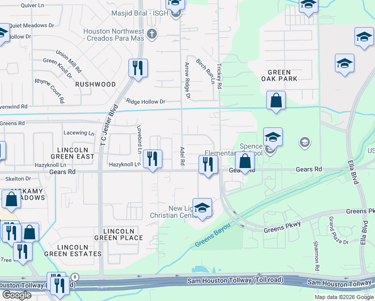 map of restaurants, bars, coffee shops, grocery stores, and more near 1550 Daisey Bell Lane in Houston