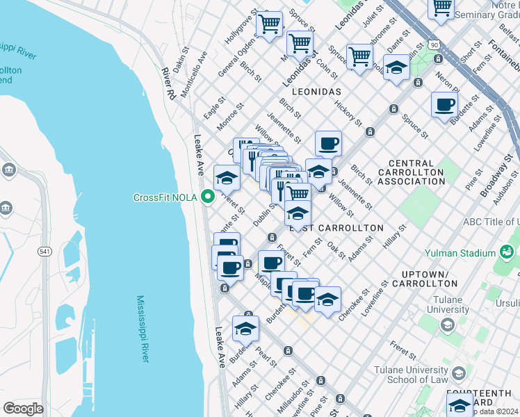 map of restaurants, bars, coffee shops, grocery stores, and more near 8220 Zimpel Street in New Orleans
