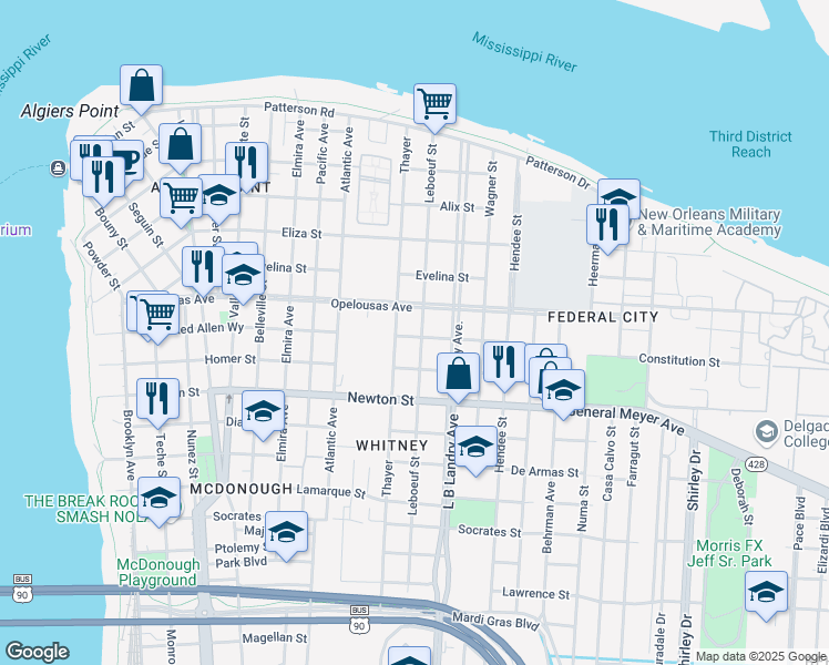 map of restaurants, bars, coffee shops, grocery stores, and more near 743 Leboeuf Street in New Orleans
