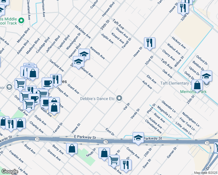 map of restaurants, bars, coffee shops, grocery stores, and more near 6503 Howe Street in Groves