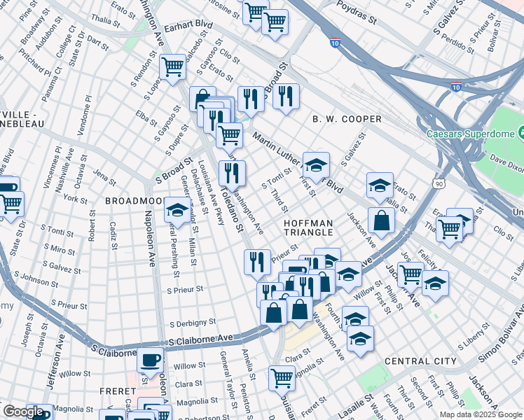 map of restaurants, bars, coffee shops, grocery stores, and more near 2700 S Miro St in New Orleans