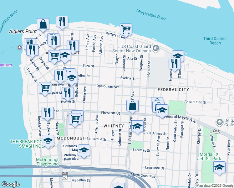 map of restaurants, bars, coffee shops, grocery stores, and more near 743 Leboeuf Street in New Orleans