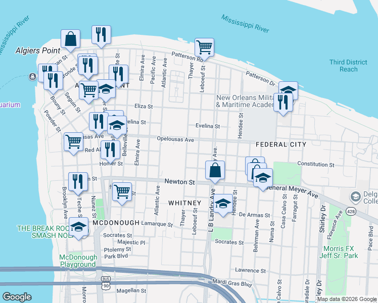 map of restaurants, bars, coffee shops, grocery stores, and more near 701 Thayer in New Orleans