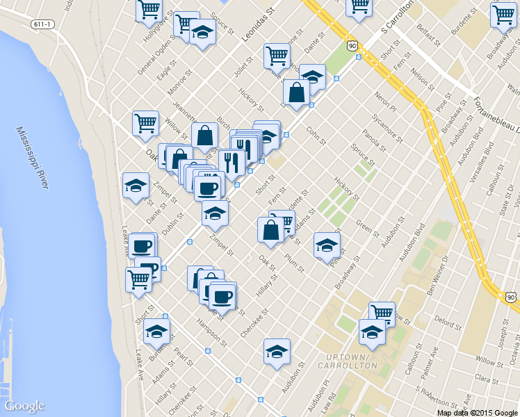 map of restaurants, bars, coffee shops, grocery stores, and more near 1327 Short Street in New Orleans