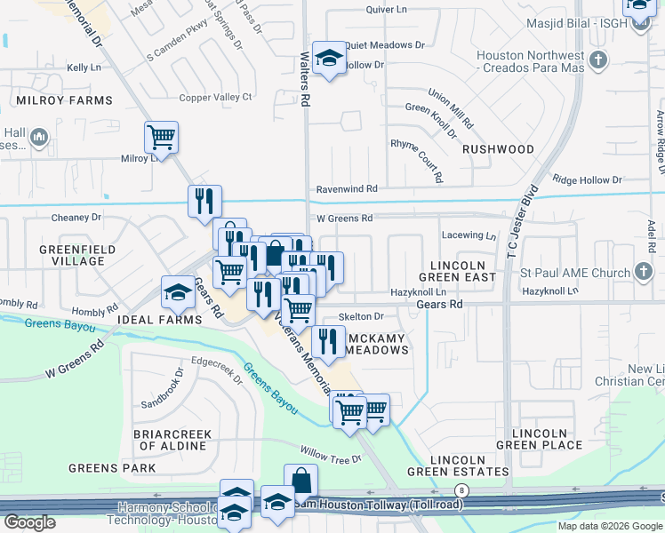 map of restaurants, bars, coffee shops, grocery stores, and more near 11322 Paramount Lane in Houston