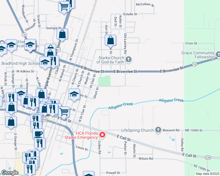 map of restaurants, bars, coffee shops, grocery stores, and more near 830 Thomas Street in Starke