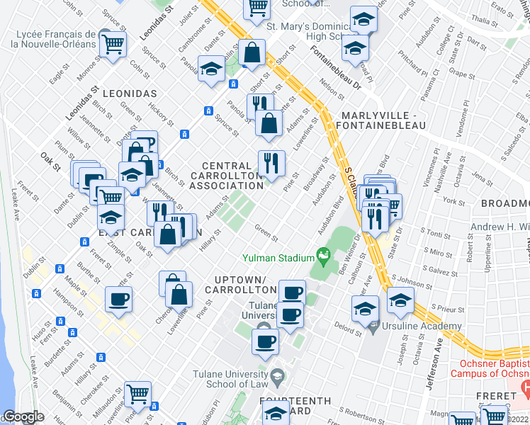 map of restaurants, bars, coffee shops, grocery stores, and more near 1736 Pine Street in New Orleans