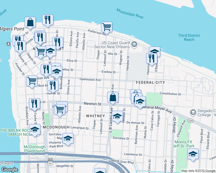 map of restaurants, bars, coffee shops, grocery stores, and more near 743 Leboeuf Street in New Orleans