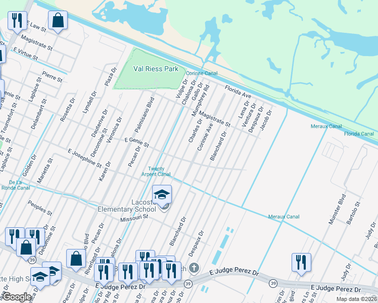 map of restaurants, bars, coffee shops, grocery stores, and more near 3609 Mumphrey Road in Chalmette