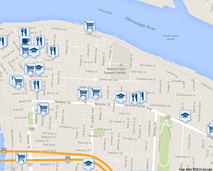 map of restaurants, bars, coffee shops, grocery stores, and more near 731 Hendee St in New Orleans
