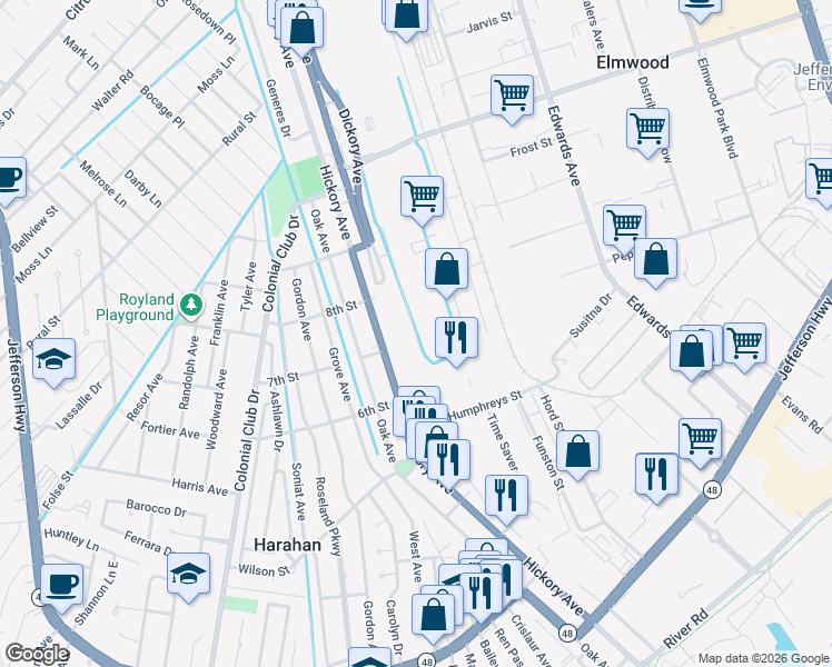 map of restaurants, bars, coffee shops, grocery stores, and more near 617 Ferriday Court in Elmwood