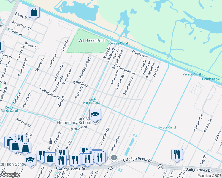 map of restaurants, bars, coffee shops, grocery stores, and more near 3609 Mumphrey Road in Chalmette