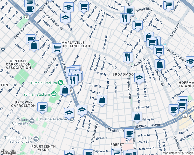 map of restaurants, bars, coffee shops, grocery stores, and more near 5517 South Rocheblave Street in New Orleans