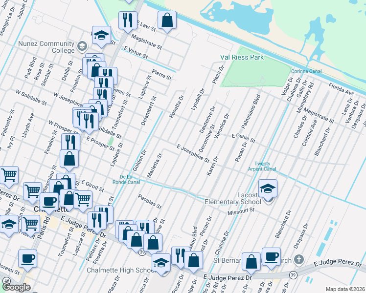 map of restaurants, bars, coffee shops, grocery stores, and more near 3412 Plaza Drive in Chalmette