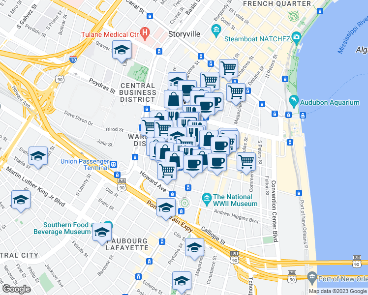 map of restaurants, bars, coffee shops, grocery stores, and more near 703 Carondelet Street in New Orleans