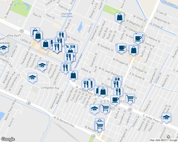 map of restaurants, bars, coffee shops, grocery stores, and more near 2900 Palmetto Street in Chalmette