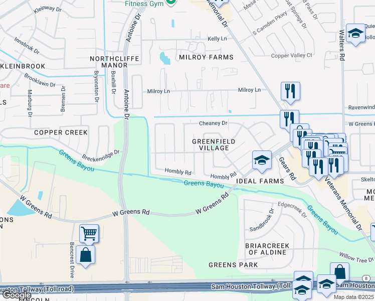 map of restaurants, bars, coffee shops, grocery stores, and more near 11402 Gracechurch Dr in Houston