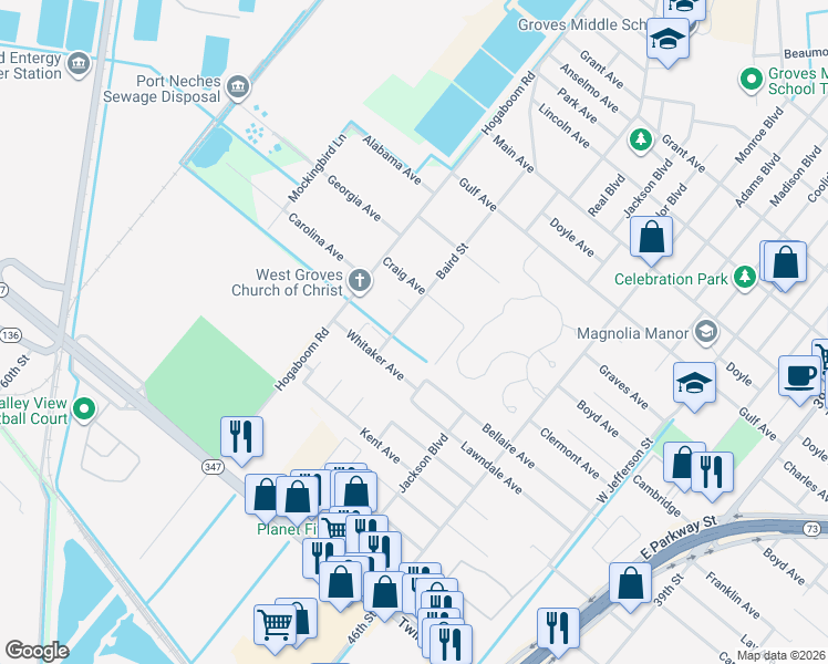 map of restaurants, bars, coffee shops, grocery stores, and more near 5526 Baird St in Groves