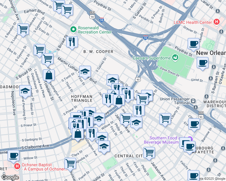 map of restaurants, bars, coffee shops, grocery stores, and more near 3127 Martin Luther King Junior Boulevard in New Orleans