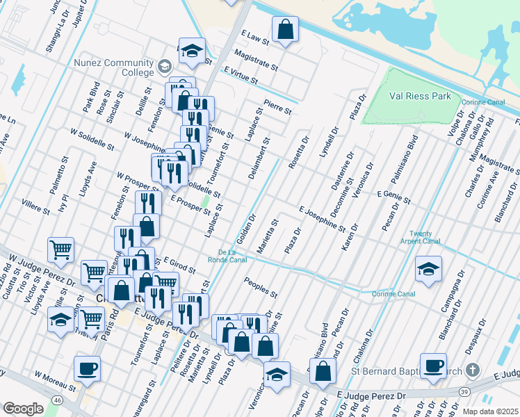map of restaurants, bars, coffee shops, grocery stores, and more near 3317 Golden Drive in Chalmette