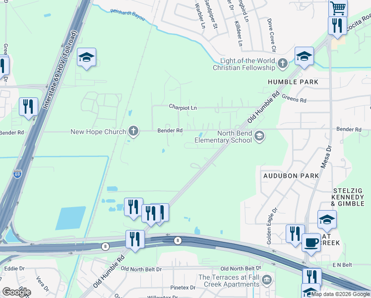 map of restaurants, bars, coffee shops, grocery stores, and more near 15703 Old Humble Road in Humble