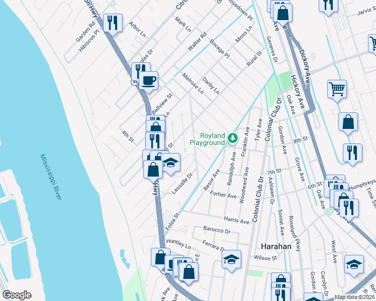 map of restaurants, bars, coffee shops, grocery stores, and more near 8712 Carriage Road in River Ridge