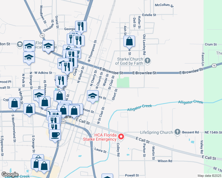 map of restaurants, bars, coffee shops, grocery stores, and more near 427 Saint Clair Street in Starke