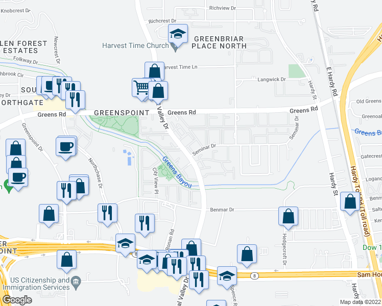 map of restaurants, bars, coffee shops, grocery stores, and more near 17202 Imperial Valley Drive in Houston