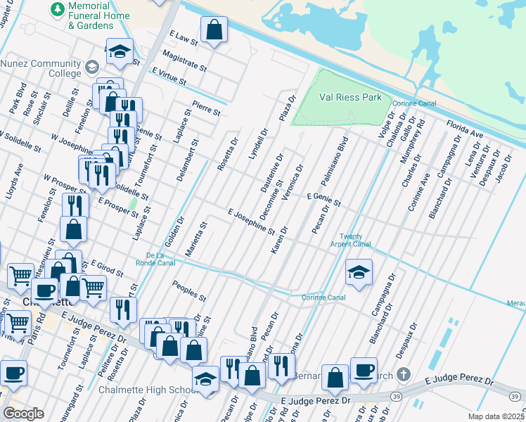 map of restaurants, bars, coffee shops, grocery stores, and more near 3416 Decomine Street in Chalmette
