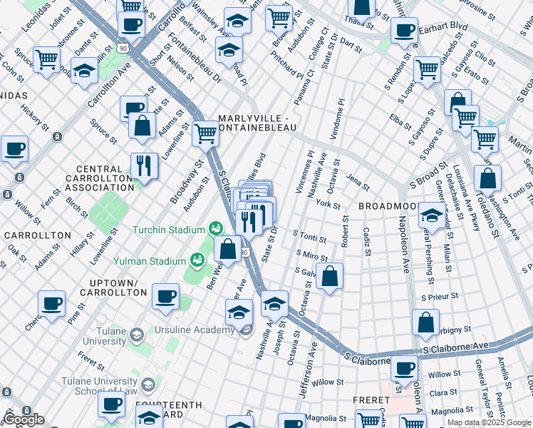 map of restaurants, bars, coffee shops, grocery stores, and more near 6215 South Tonti Street in New Orleans