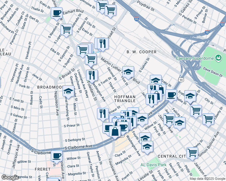 map of restaurants, bars, coffee shops, grocery stores, and more near 3510 Third Street in New Orleans