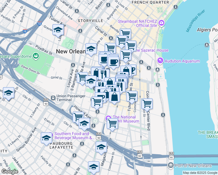 map of restaurants, bars, coffee shops, grocery stores, and more near 600 South Maestri Place in New Orleans
