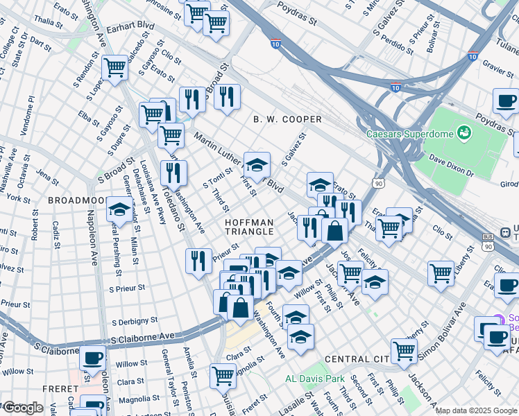 map of restaurants, bars, coffee shops, grocery stores, and more near 2403 South Johnson Street in New Orleans