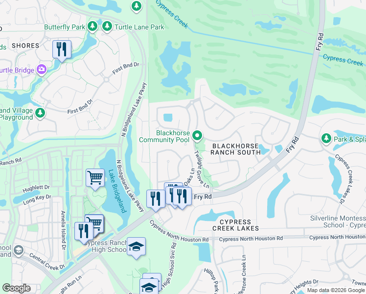 map of restaurants, bars, coffee shops, grocery stores, and more near 11703 Owens Canyon Lane in Cypress