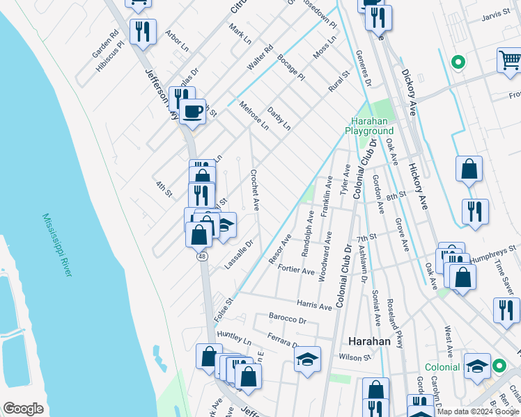 map of restaurants, bars, coffee shops, grocery stores, and more near 8712 Carriage Road in River Ridge