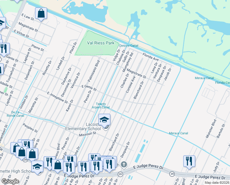 map of restaurants, bars, coffee shops, grocery stores, and more near 3609 Mumphrey Road in Chalmette