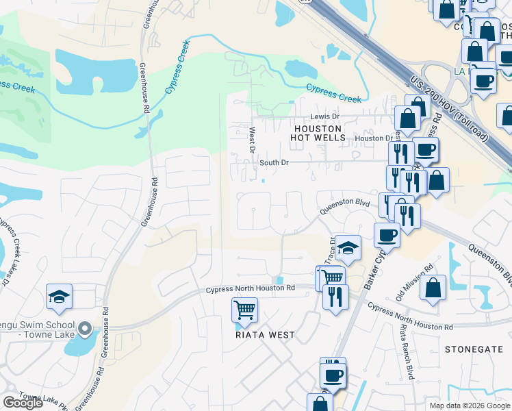 map of restaurants, bars, coffee shops, grocery stores, and more near 11822 White Flint Lane in Cypress
