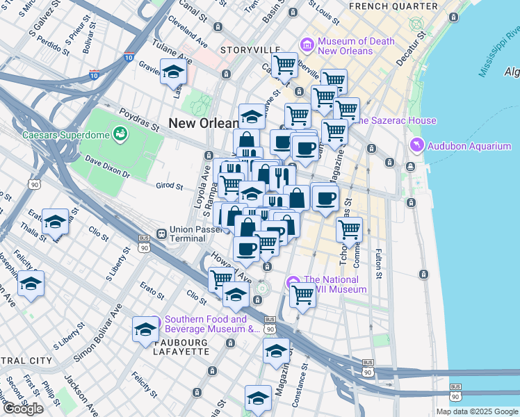 map of restaurants, bars, coffee shops, grocery stores, and more near 730 Girod Street in New Orleans