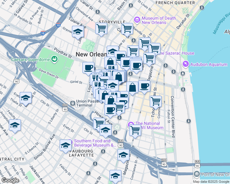 map of restaurants, bars, coffee shops, grocery stores, and more near 710 Baronne Street in New Orleans