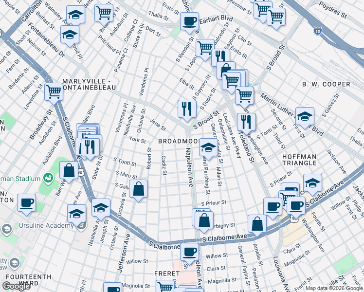 map of restaurants, bars, coffee shops, grocery stores, and more near in New Orleans