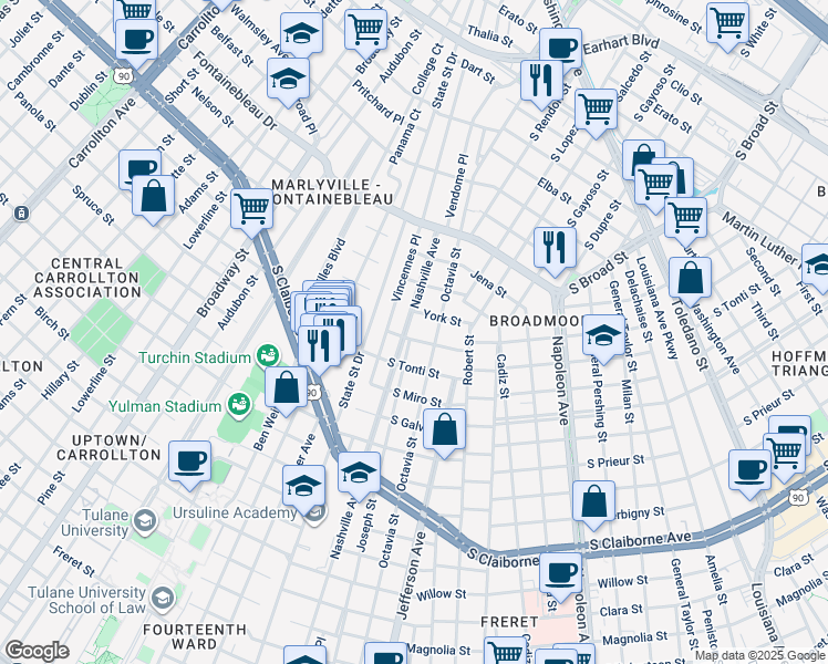 map of restaurants, bars, coffee shops, grocery stores, and more near 5517 South Rocheblave Street in New Orleans