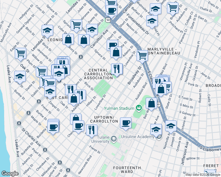 map of restaurants, bars, coffee shops, grocery stores, and more near 1701 Hillary Street in New Orleans