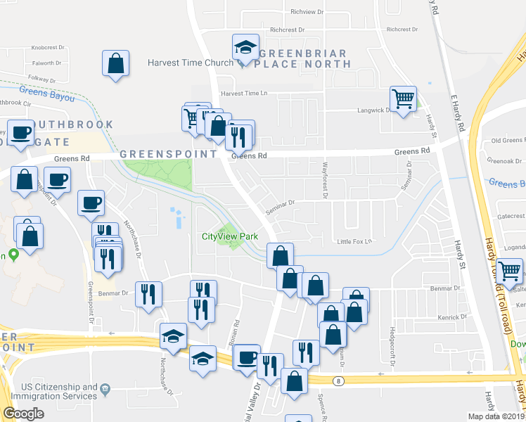 map of restaurants, bars, coffee shops, grocery stores, and more near 17202 Imperial Valley Drive in Houston