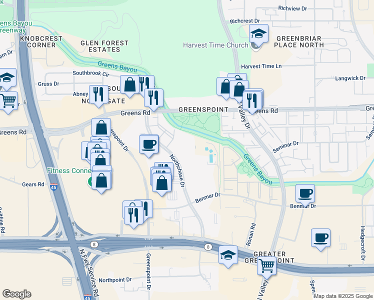map of restaurants, bars, coffee shops, grocery stores, and more near 16966 Northchase Drive in Houston