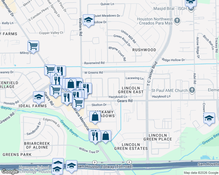 map of restaurants, bars, coffee shops, grocery stores, and more near 11323 Dovedale Court in Houston