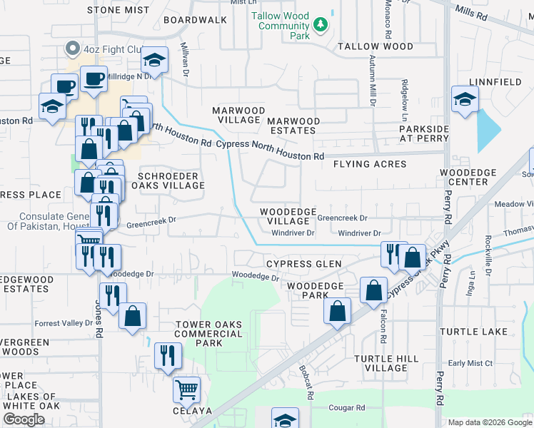 map of restaurants, bars, coffee shops, grocery stores, and more near 10402 Greencreek Drive in Houston