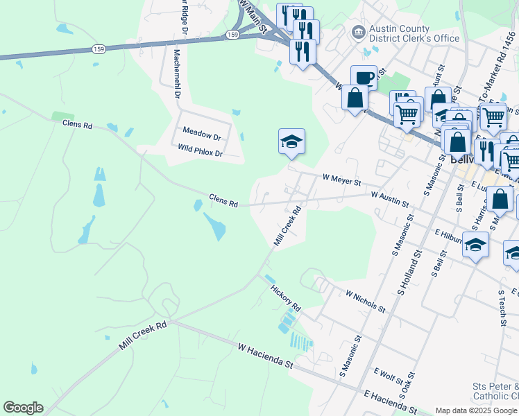 map of restaurants, bars, coffee shops, grocery stores, and more near 843 W Austin St in Bellville