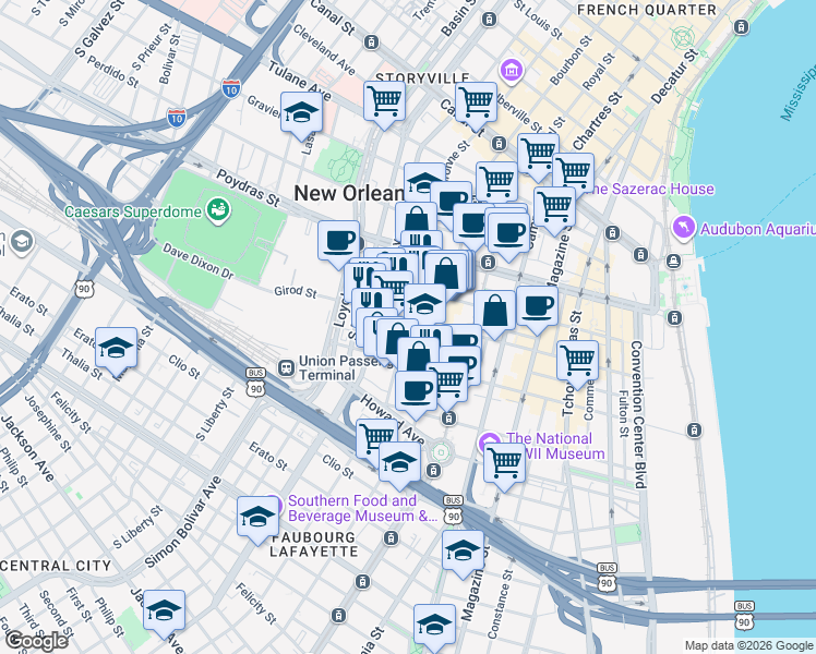 map of restaurants, bars, coffee shops, grocery stores, and more near 710 Baronne Street in New Orleans