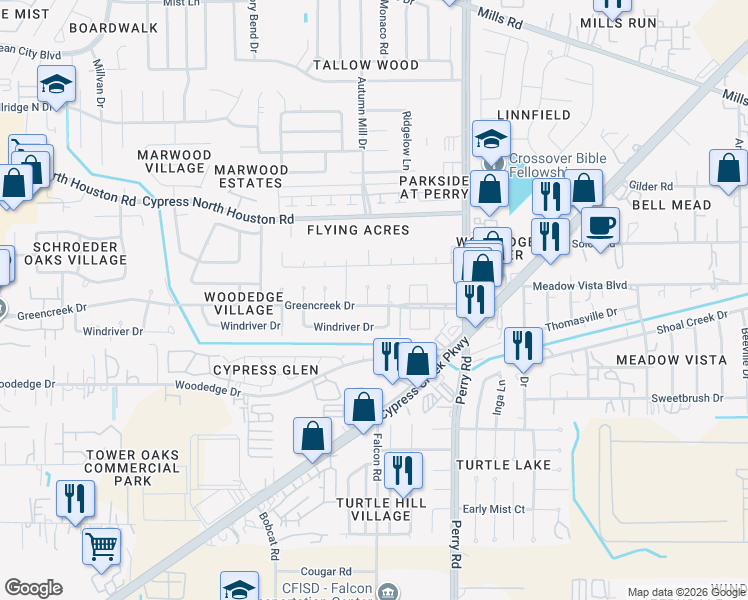 map of restaurants, bars, coffee shops, grocery stores, and more near 11902 Greencreek Circle in Houston