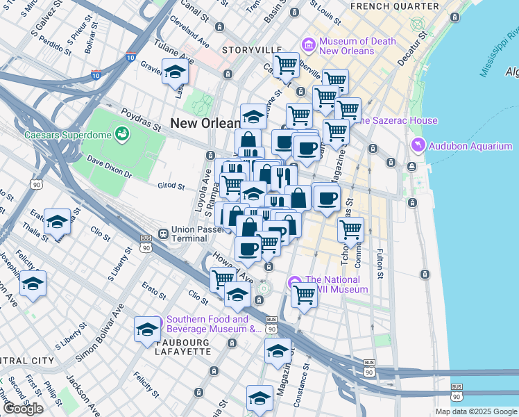 map of restaurants, bars, coffee shops, grocery stores, and more near in New Orleans